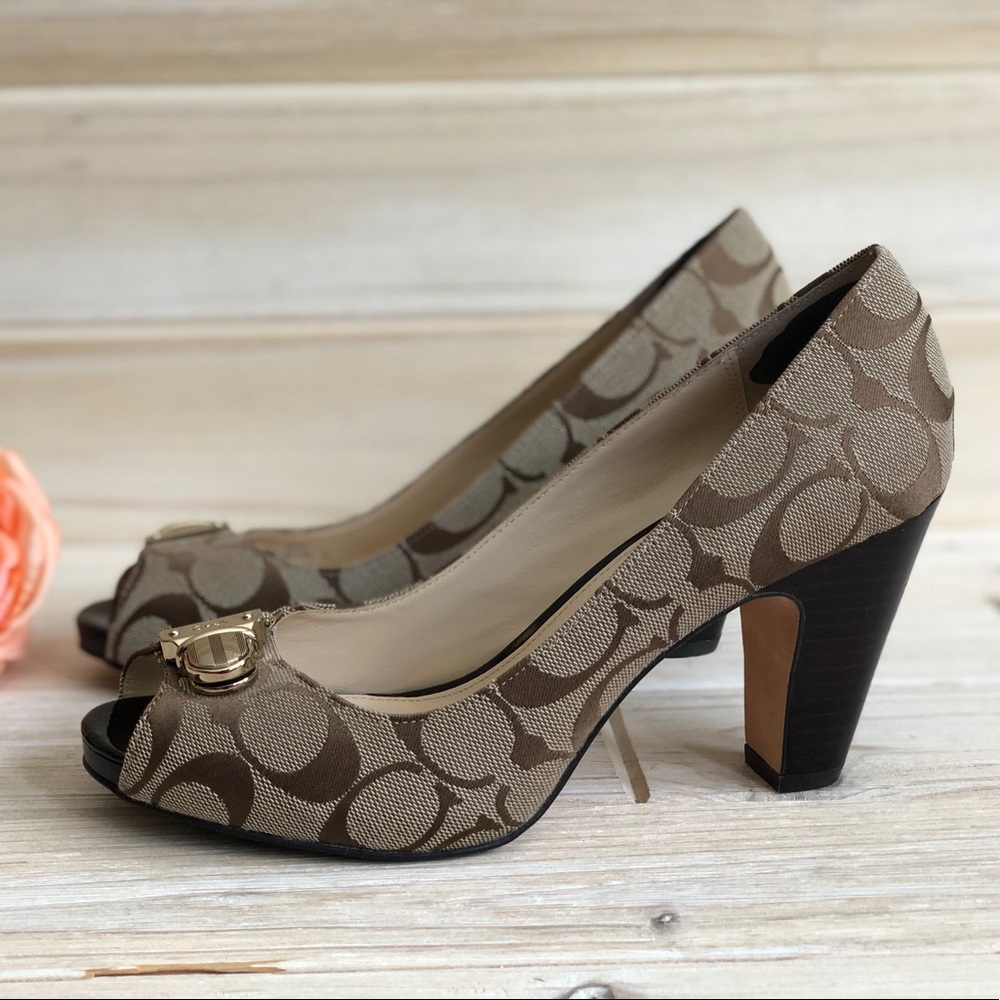 COACH Helaine Signature Canvas Peep Toe Heels, 7M